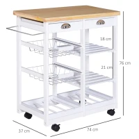 HOMCOM Rolling Kitchen Island Trolley Cart Drawer Shelves Basket Wheels W/  6 Bottle Wine Rack White(m-3)