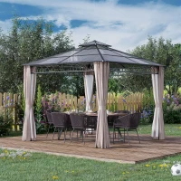 Outsunny 3 x 3 (m) Outdoor Polycarbonate Gazebo, Double Roof Hard Top Gazebo with Galvanised Steel Frame, Nettings & Curtains for Garden, Lawn, Patio and Deck, Khaki(m-2)