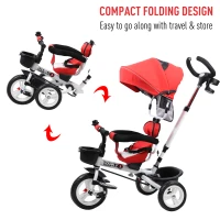 HOMCOM 4 in 1 Tricycle for Kids Toddler Folding Trike with Parent Handle Reversible Seat Adjustable Handle Removable Canopy Safety Belt for 18 Months to 5 Years Red(m-6)