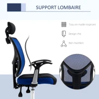 Vinsetto Chaise de bureau, fauteuil de bureau ergonomique en maille avec hauteur et appui-tête réglable, dossier inclinable et support lombaire, pour chambre, télétravail, charge 120 Kg, noir et bleu(m-7)