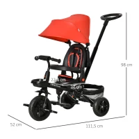 HOMCOM Tricycle Enfant évolutif Pliable 4 en 1 Multifonction - Pare-Soleil, Canne télescopique Amovible - siège pivotant, Harnais, Arceau sécurité - 3 paniers Rangement - métal PP Rouge Noir(m-3)