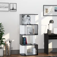 HOMCOM  Bücherregal S-förmiges Standregal Lagerregal 4-stufige Vitrine mit Hardware-Schnalle moderner Raumteiler Spanplatte Schwarz+Weiß 60 x 24 x 148 cm(m-2)