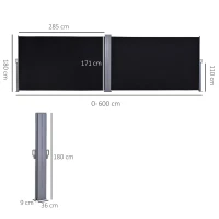 Outsunny 600 x 180 cm (HxL) Retractable Awning Double Canopy Side Privacy Protection Sun Shade Side Blind w/ Steel Frame Versatile Use In Garden Patio - Black(m-3)