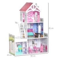 HOMCOM Casa de Muñecas de Madera de 3 Niveles para Muñecas de 10 cm con Muebles 13 Accesorios Incluidos Casita Muñecas de Juguete 60x29x85 cm Rosa(m-3)