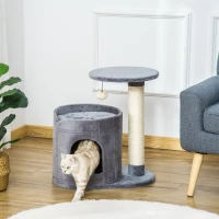 PawHut Árbol Rascador para Gatos Pequeño Altura 59 cm con Cueva de Felpa Suave con Cojín Lavable Plataforma Poste de Sisal Natural y Bola de Juguete 55x36x59 cm Gris(m-2)