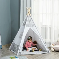 HOMCOM Tienda de Campaña para Niños de +3 Años Tipi Infantil de Madera Portátil con Ventana Colchoneta y Bolsa de Transporte para Interiores y Exteriores 120x120x155 cm Gris(m-2)