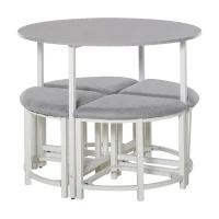HOMCOM Modern Round Dining Table Set with 4 Upholstered Stools for Dining Room, Kitchen, Grey(m-10)