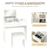 HOMCOM Tavolo da Trucco con Specchio Richiudibile, Tavolo da Trucco Moderno, con Sgabello, Vano Contenitore (4 Scomparti), MDF Bianco, 80x40x79 cm(m-5)
