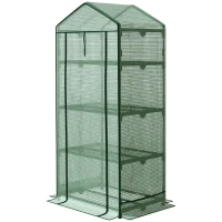 Outsunny Mini-Gewächshaus Anzuchtgewächshaus mit Folienabdeckung und 4 Regalböden Regale Rolltür Gemüsebeet Grün 69 x 49 x 158 cm(m-10)