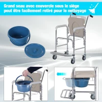 HOMCOM Chaise percée à roulettes - fauteuil roulant percé - chaise de douche - seau amovible, accoudoirs, repose-pied - acier chromé HDPE blanc(m-6)