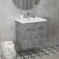 kleankin Mueble de Baño con Lavabo Cerámico Armario Bajo de Lavabo de Pared con 2 Puertas Estante Ajustable 60x45,5x60 cm Gris(m-2)