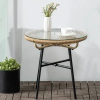 Outsunny Gartentisch im Boho-Stil, PE-Rattan, gehärtetes Glas, wetterbeständig, 50 cm x 50 cm x 50 cm, Beige(m-7)