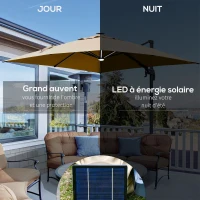 Outsunny Parasol déporté carré parasol LED inclinable pivotant 360° manivelle piètement acier dim. 3L x 3l x 2,74H m beige(m-4)
