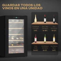 HOMCOM Nevera Vinos 24 Botellas 65L con Luz LED Interior Pantalla Táctil Puerta de Vidrio y 5 Estantes de Metal Negro(m-4)