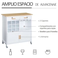 HOMCOM Carro de Cocina Auxiliar con Ruedas Carrito de Servicio con 2 Cajones Botellero para 9 Botellas Soporte para Vasos Estante Abierto y Armario 76x40x88 cm Blanco(m-4)