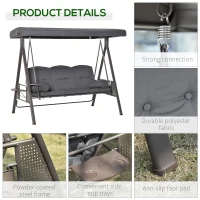 Outsunny 3 Seater Garden Swing Chair Outdoor Hammock Bench w/ Adjustable Canopy, Cushions and Cup Trays, Brown Steel Frame, Dark Grey Fabric(m-6)