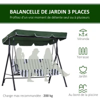 Outsunny Balancelle de Jardin 3 Places Toit Inclinaison réglable Coussins Assise et Dossier 1,72L x 1,1l x 1,52H m Acier Noir Polyester Vert(m-7)