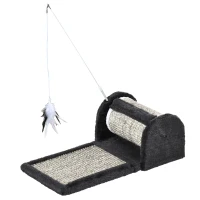 PawHut Rascador para Gatos con Rodillo Tablero para Rascar Cubiertos de Sisal Natural y Juguete Colgante Centro de Actividades para Mascotas 44x24x16 cm Gris(m-11)