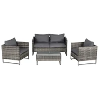 Outsunny 4 Pieces PE Rattan Garden Furniture with Cushion, Outdoor Wicker Conservatory Sofa Set w/ Armchairs, Loveseat, Glass Top Coffee Table, Dark Drey(m-11)