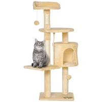 PawHut Albero Tiragraffi per Gatti in Legno a 4 Livelli con Cuccia, Giocattoli, Pallina e Corda, Altezza 114 cm(m-1)