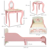 ZONEKIZ Toddler Bed Frame, Kids Dressing Table with Mirror and Stool, Cute Animal Design Kids Bedroom Furniture Set for Ages 3-6 Years, Pink(m-3)