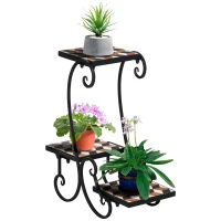 Outsunny Blumenständer Blumenregal Pflanzenständer Blumenbank Mosaiktisch Kachel Metall für drinnen und draußen Schwarz(m-10)