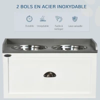PawHut Gamelle double chien chat - porte-gamelles surélevé rangement 2 en 1 - tiroir, 2 gamelles - acier inox. MDF blanc gris(m-6)
