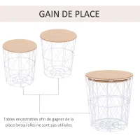 HOMCOM Lot de 2 Tables Basses gigognes Tables d'appoint Rondes encastrables Style néo-rétro Bicolore Structure métal Blanc Plateau MDF Coloris hêtre(m-6)
