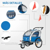 HOMCOM Remolque Infantil para Bicicleta 2 PLAZAS Rueda Giratoria 360° y Amortiguadores CON BARRA COLOR Azul(m-6)