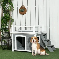 PawHut Hundehütte, Dachterrasse, Treppe, Fenster, Bodenabstand, Naturholz, hellgrau, 121 x 77 x 78cm(m-2)