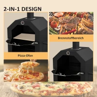 Outsunny 2-in-1 Outdoor Pizzaofen, mit Pizzastein, Aschefach, 2x Grillrost, Thermometer, rostfrei, Schwarz(m-4)