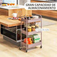 HOMCOM Carrito de Almacenamiento con 3 Cestas y Marco de Acero para Salón Dormitorio Oficina Cocina 45x30,6x79 cm Rosa(m-4)