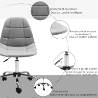 Vinsetto Chaise de bureau effet capitonné hauteur réglable pivotant 360° piètement chromé velours gris(m-6)