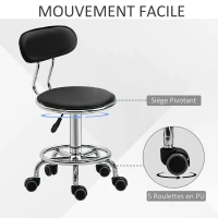 HOMCOM Tabouret à roulettes tabouret de massage pivotant 360° - ergonomique avec dossier - hauteur assise réglable 43,5-59 cm - revêtement synthétique noir et métal chromé(m-5)