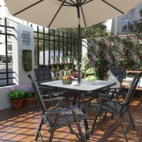 Outsunny Mesa de Cristal de Jardín con Agujero para Sombrilla Mesa para Comer Cuadrada con Marco de Acero para Exterior Terraza Balcón 106,5x106,5x71 cm Negro(m-2)