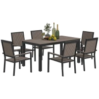 Outsunny 6 Seater Garden Dining Set with Stackable Chairs, Aluminium Frame, Rectangular Plastic Top, Garden Furniture Set, Outdoor Dining Table and Chairs for Patio, Balcony, Poolside, Brown(m-1)
