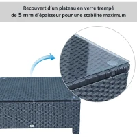 Outsunny Table Basse de Jardin Plateau Verre trempé 5 mm rotin tressé 85 x 50 x 39cm Max. 50 kg Noir(m-5)