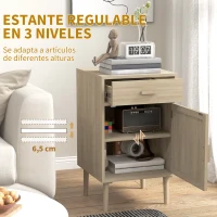 HOMCOM Juego de 2 Mesitas de Noche Mesillas de Noche con Cajón de Ratán y Estante Ajustable 40x40x68,5 cm Roble(m-6)
