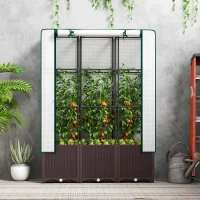 Outsunny Raised Garden Bed with Trellis, Plastic Planter Box with PE Cover, Drainage Holes, Drain Plugs and Water Reservoirs for Climbing Plants, Vegetables, Flowers, 120 x 40 x 140 cm(m-8)