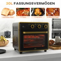 HOMCOM Mini-Backofen, 20 Liter, ölfreies Frittieren, Grillen, Backen, Umluft, 90-230° C, Timer, 1400W, schwarz+gold(m-4)
