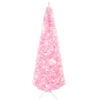 HOMCOM 5FT Tall Prelit Pencil Slim Artificial Christmas Tree with Realistic Branches, Warm White LED Lights and 408 Tips, Xmas Decoration, Pink(m-11)