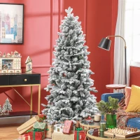 HOMCOM Künstlicher Weihnachtsbaum, Kunstschnee & Tannenzapfen, realistisch, flammhemmend, Metallfuß, 183 cm, Grün(m-2)