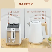 HOMCOM Stainless Steel Kettle and Toaster Set, 1.7L 3000W Fast Boil Kettle & 2 Slice Toaster Kitchen Set with 7 Level Browning Controls, Defrost, Reheat, Auto Off, Boil-dry Protection, White(m-7)
