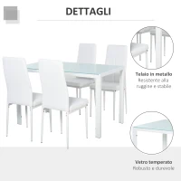 HOMCOM Set 5 Pezzi con 1 Tavolo e 4 Sedie per Cucina o Sala da Pranzo in Finta Pelle, Metallo e Vetro Temperato, Bianco(m-6)