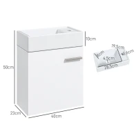 HOMCOM Mueble de Baño con Lavabo de Pared con Puerta con Cierre Suave y Armario 40x23x50 cm Blanco Brillante(m-3)