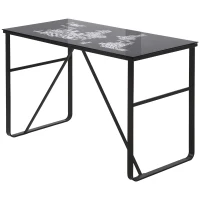 HOMCOM Tempered Glass Top Writing Desk with World Map Printing, Writing Workstation, Home Office Table with Metal Frame, Easy Assembly, Black(m-11)