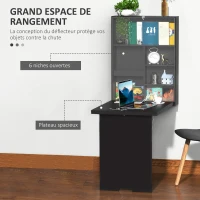 HOMCOM Bureau Mural Pliable Table Murale Rabattable Suspendue sur Pied étagère + Tableau à Craie intégré MDF Noir(m-5)