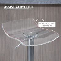 HOMCOM Lot de 2 tabourets de bar design contemporain assise acrylique et piètement métal - pivotant 360° - hauteur réglable avec repose-pieds - transparent(m-4)