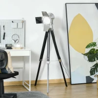 HOMCOM Industrial Tripod Floor Lamp, Nautical Cinema Standing Spotlight with Wood Legs and Adjustable Height for Living Room, Bedroom, Black and Silver(m-2)