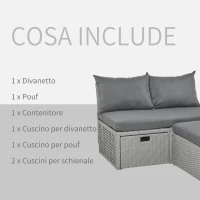 Outsunny Set Mobili da Giardino con Divano 2 Posti, Contenitore e Pouf in Rattan PE Salvaspazio con Cuscini, Grigio(m-5)